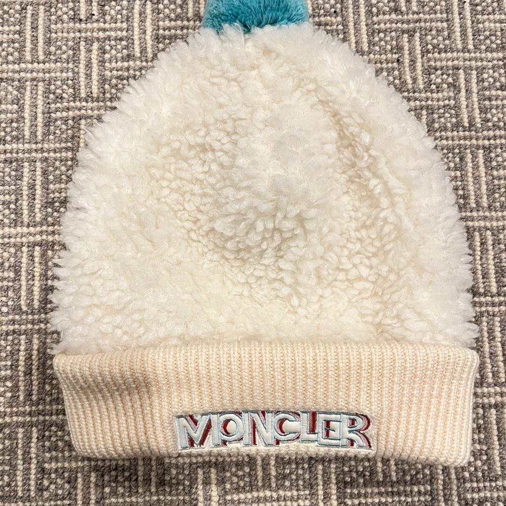 Moncler Kids Beanie in Cream with Blue Pom-Pom